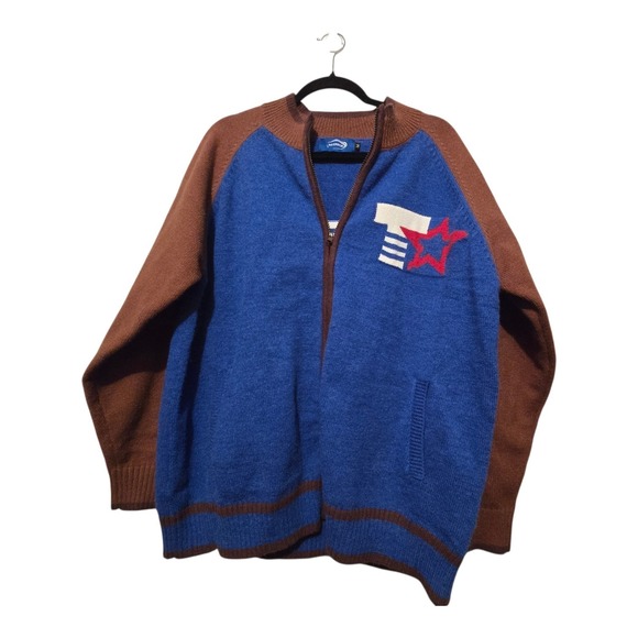 Ins Error Graphic Cardigan Sweater Men's Size MED Blue Brown Last Episode Heavy - Picture 2 of 11